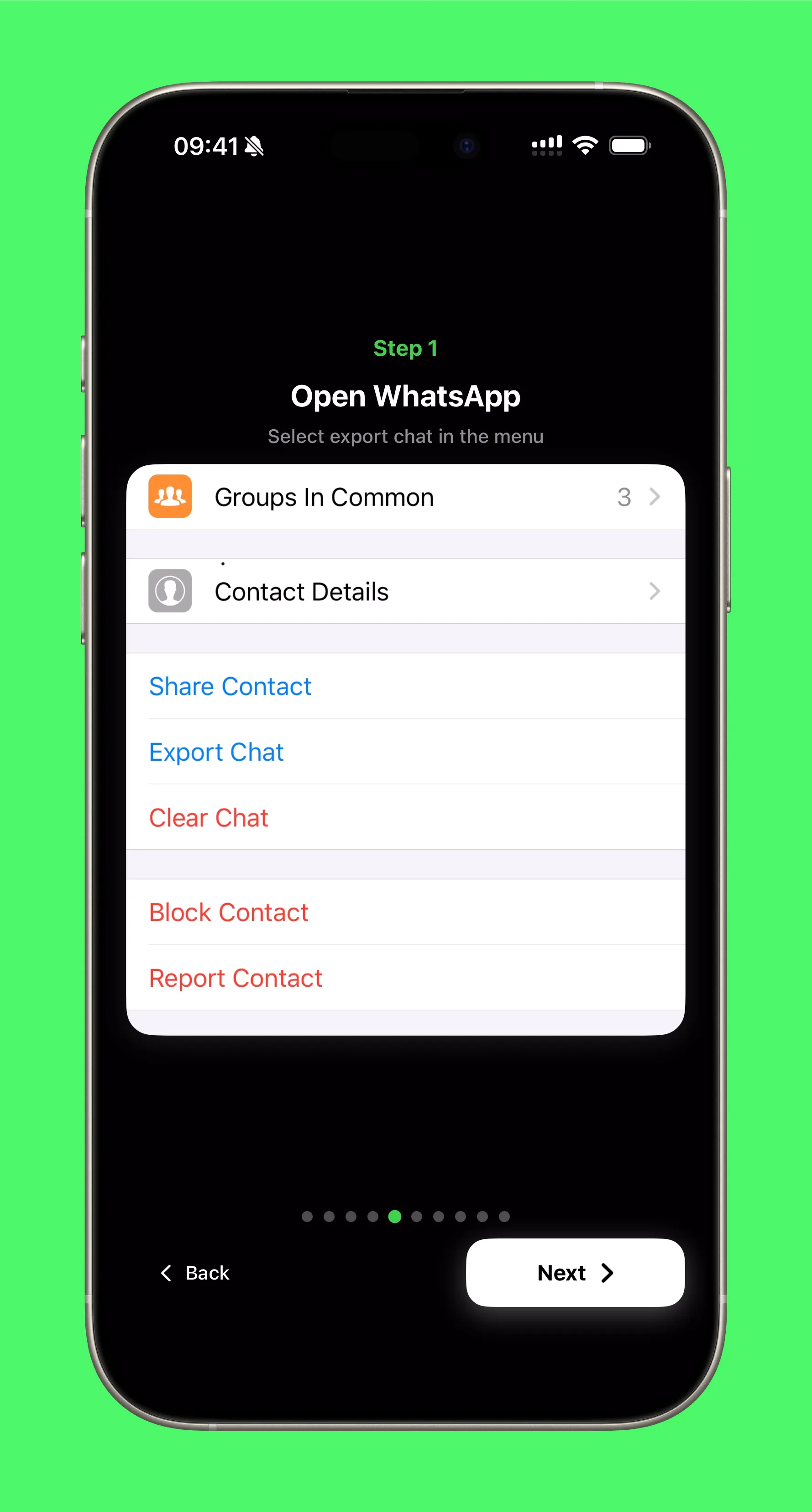 WhatsApp export flow