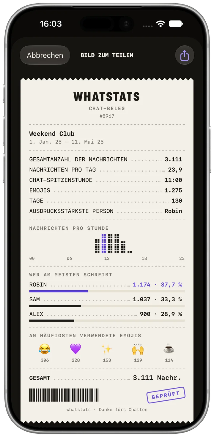 Chat-Beleg als Bild teilen. App-Aufnahme auf Deutsch; einzelne Bedienelemente bleiben auf Englisch. Fiktive Beispieldaten. Originaldarstellung der App.