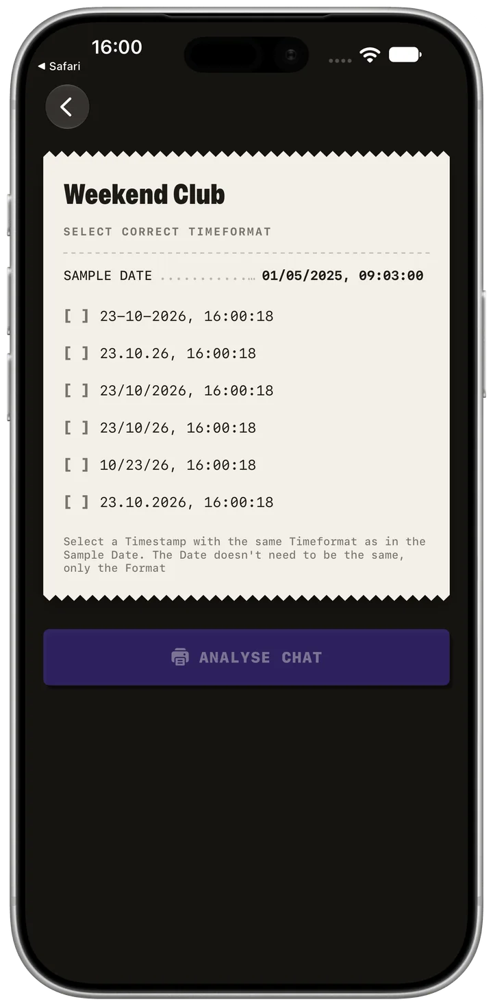 Importació de xat WhatsApp. Captura de pantalla de l'aplicació en anglès. Dades d'exemple de ficció. Aspecte de l'aplicació nativa.