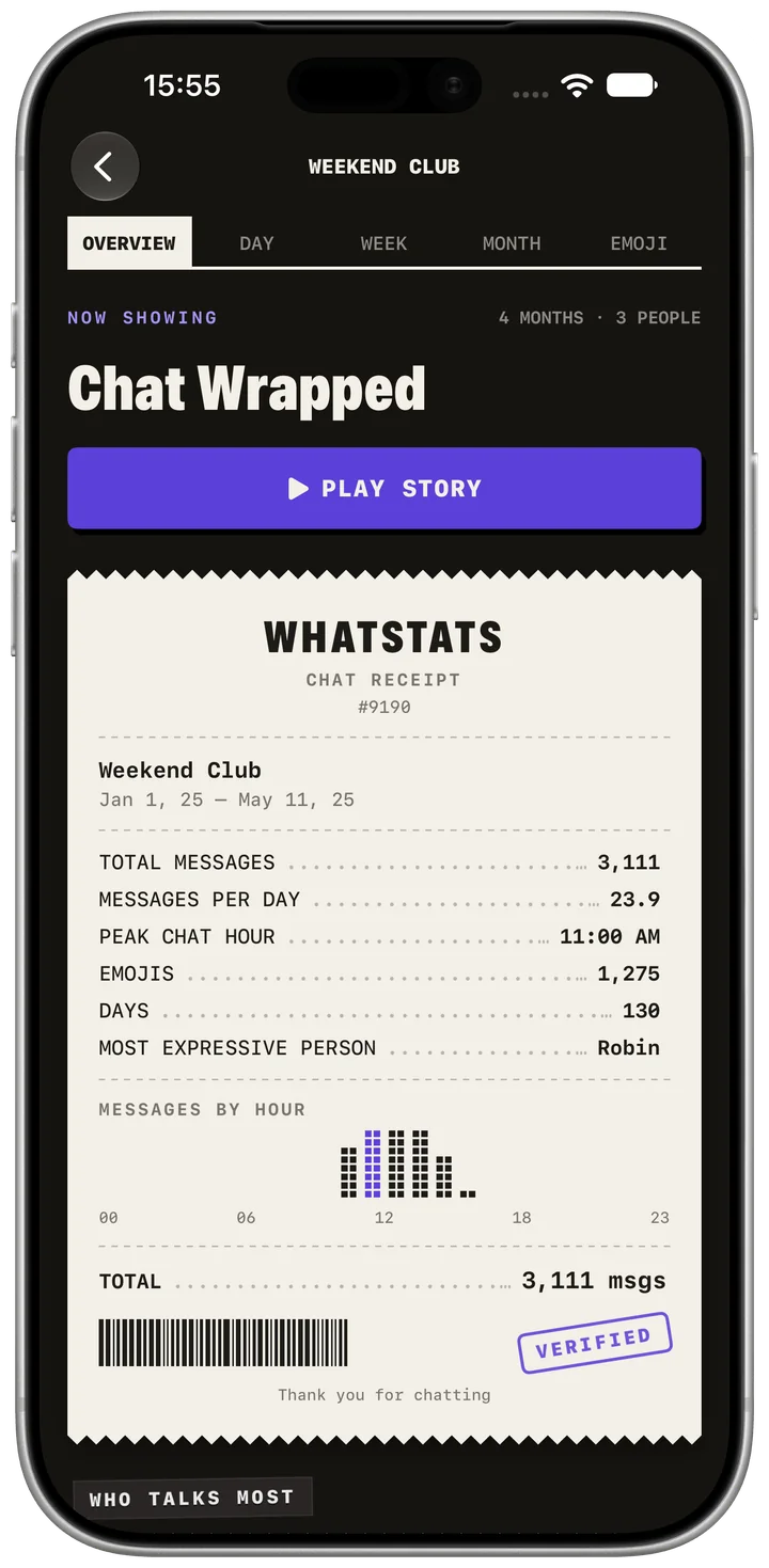 Chat Wrapped entry on the new receipt-style overview, English UI and fictional example data